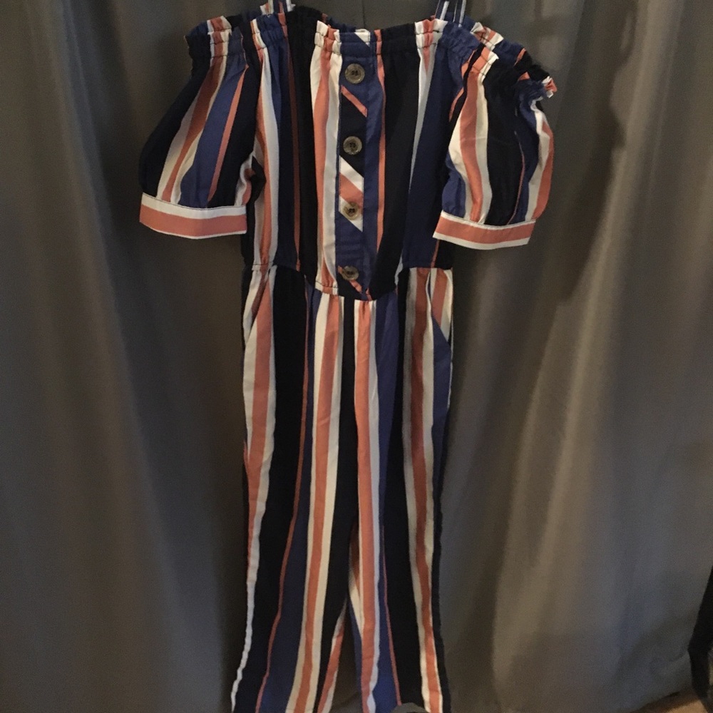 🌻KIDS sz10/12 striped, off shoulder, long romper